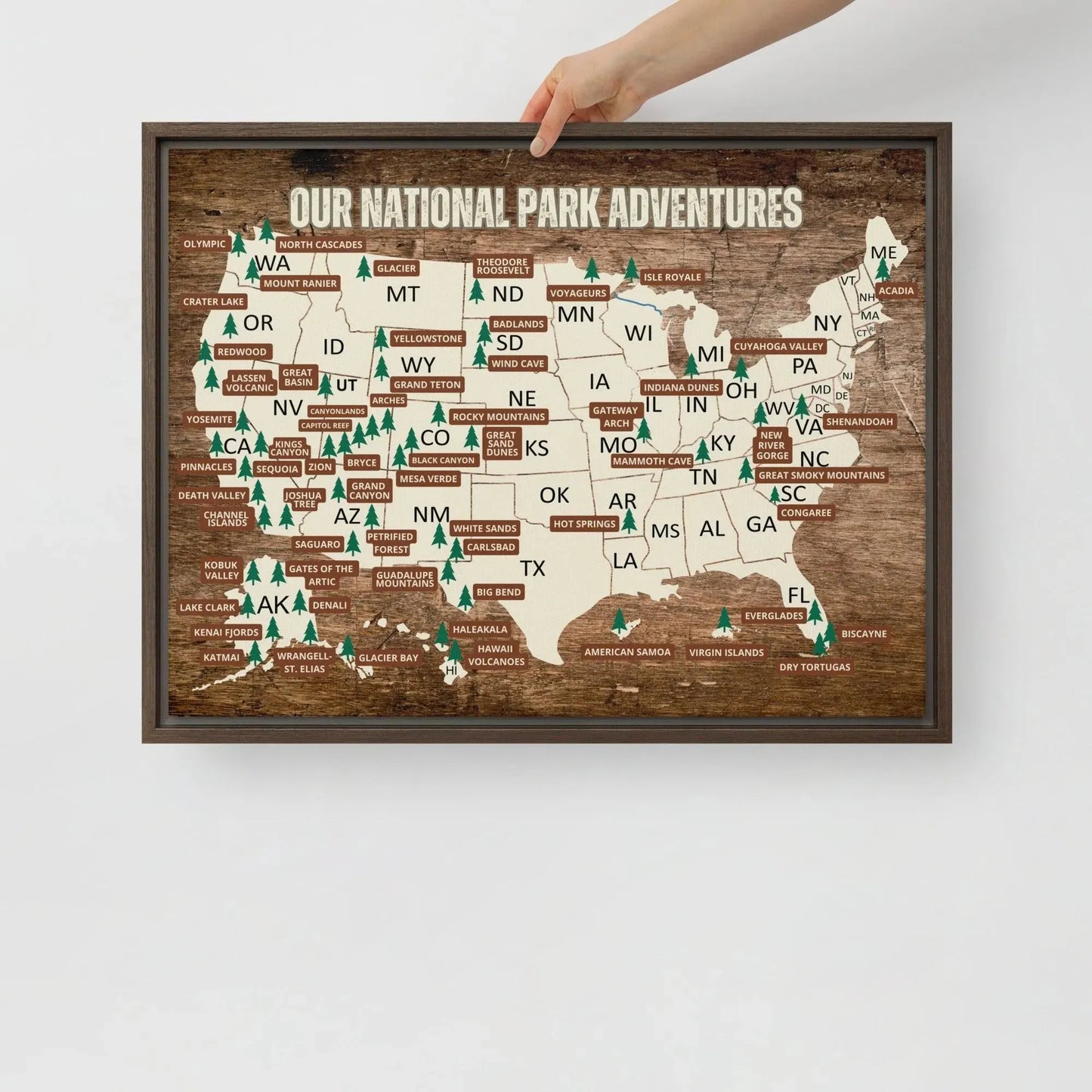 National Parks Travel Map Framed Canvas - Adventure Threads Company