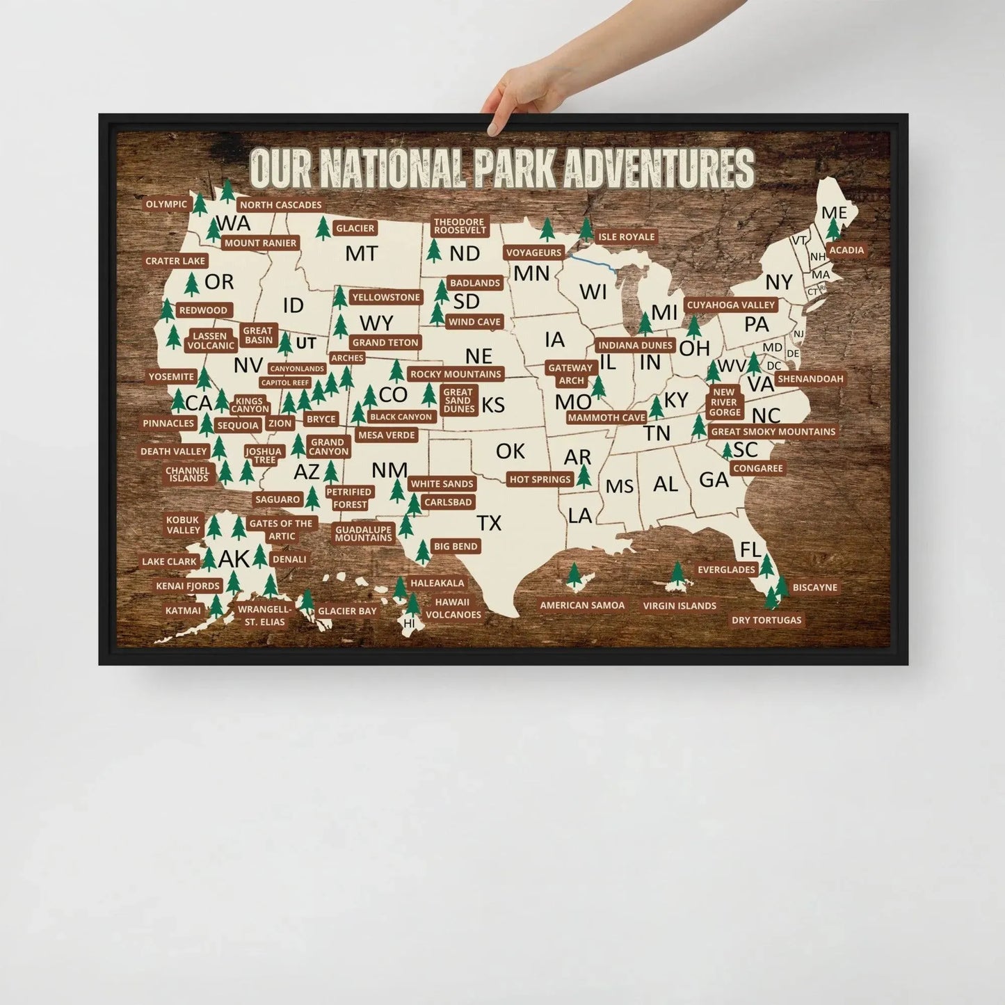 National Parks Travel Map Framed Canvas - Adventure Threads Company