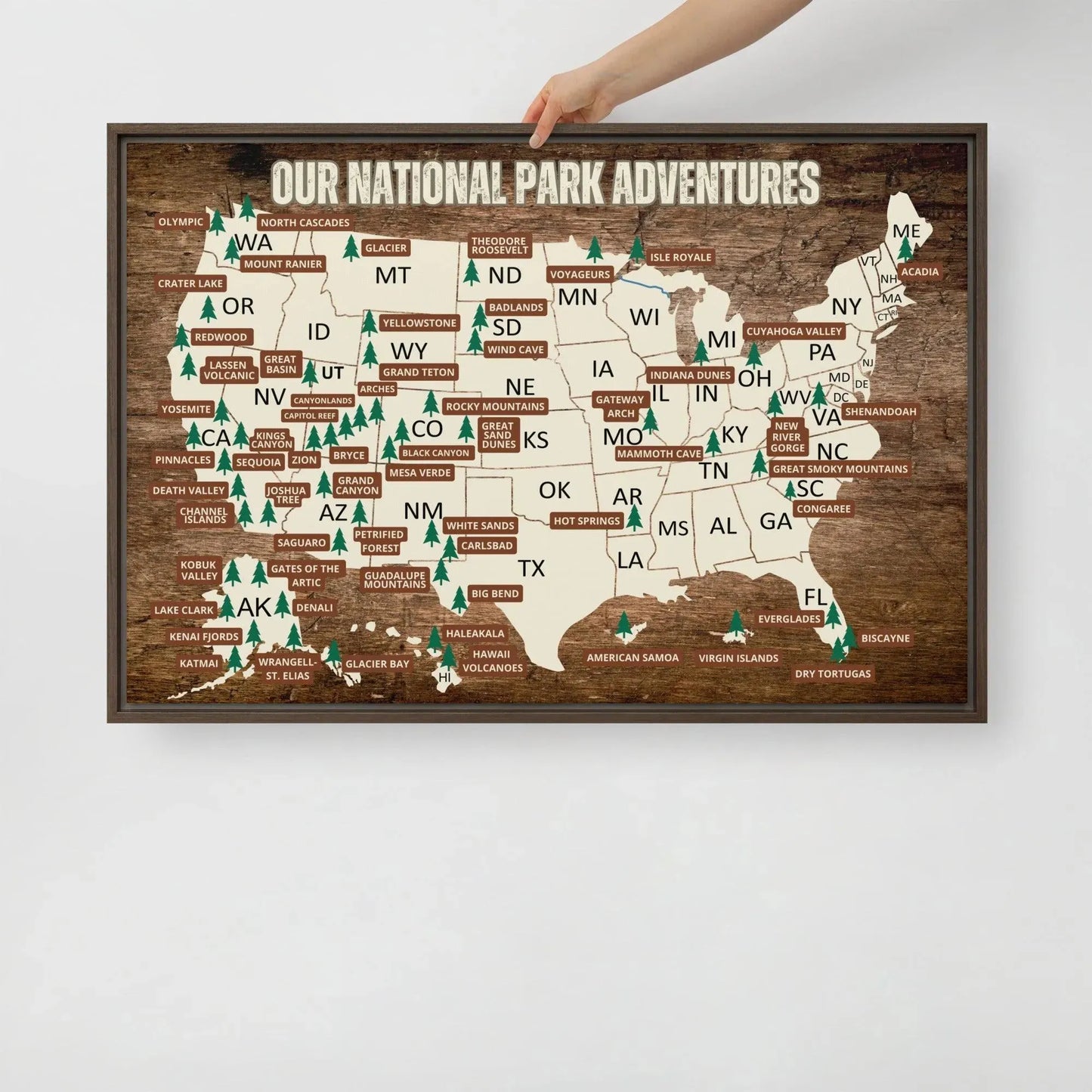 National Parks Travel Map Framed Canvas - Adventure Threads Company