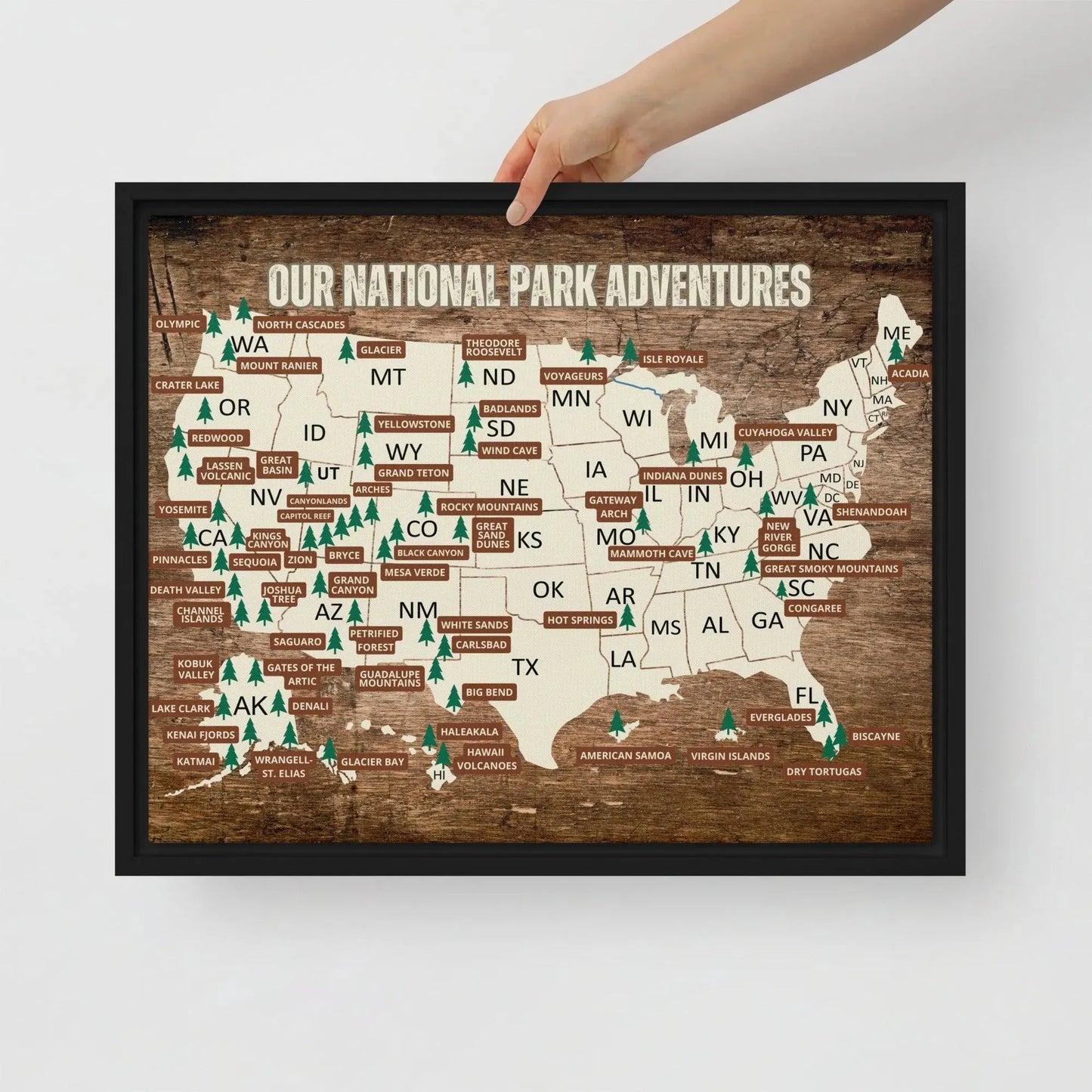 National Parks Travel Map Framed Canvas - Adventure Threads Company