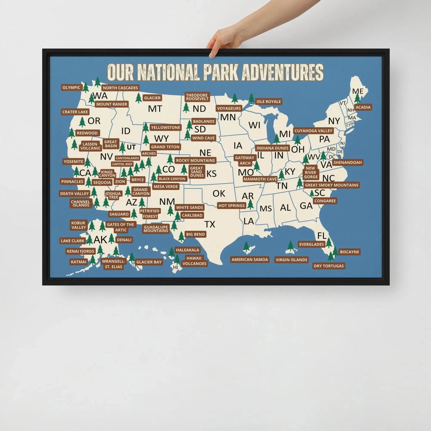 National Parks Travel Map Framed Canvas (Blue) - Adventure Threads Company