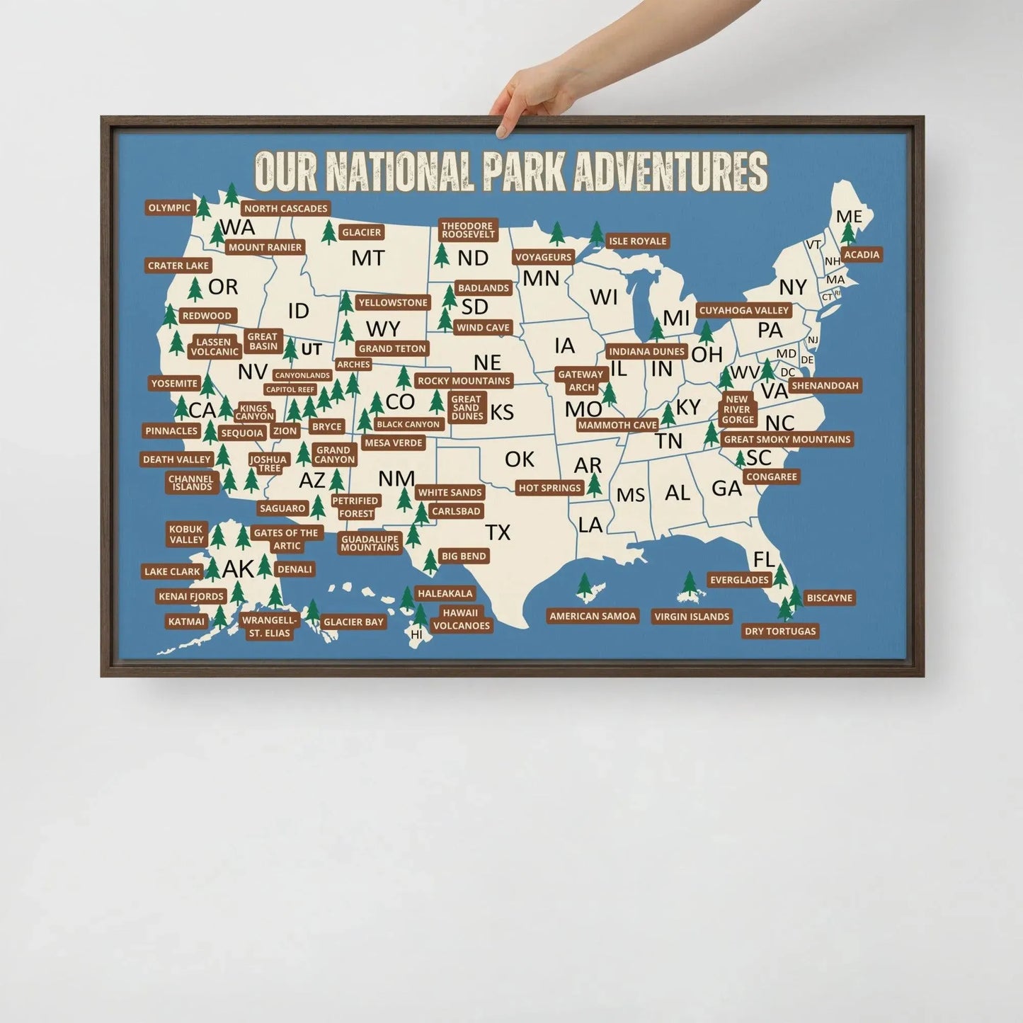 National Parks Travel Map Framed Canvas (Blue) - Adventure Threads Company