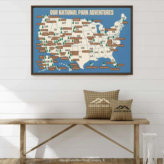 National Parks Travel Map Framed Canvas (Blue) - Adventure Threads Company