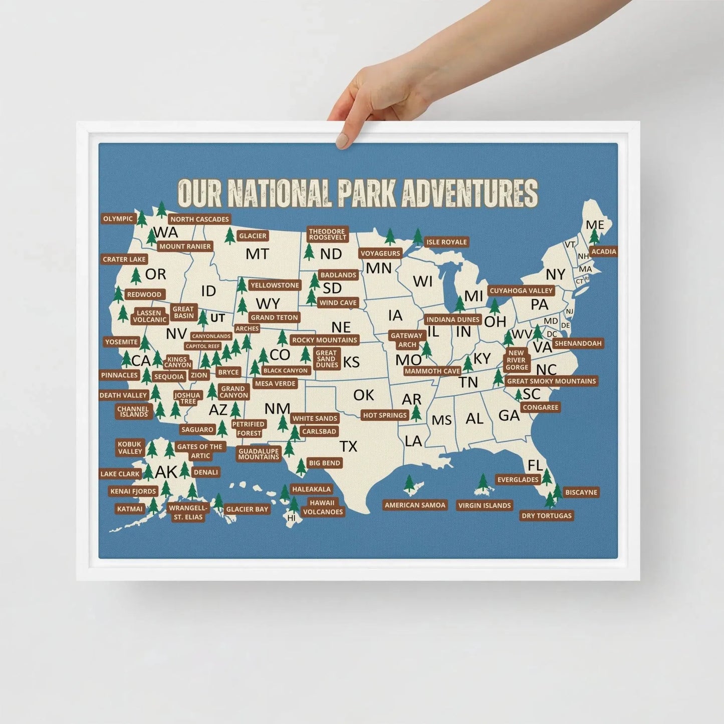National Parks Travel Map Framed Canvas (Blue) - Adventure Threads Company