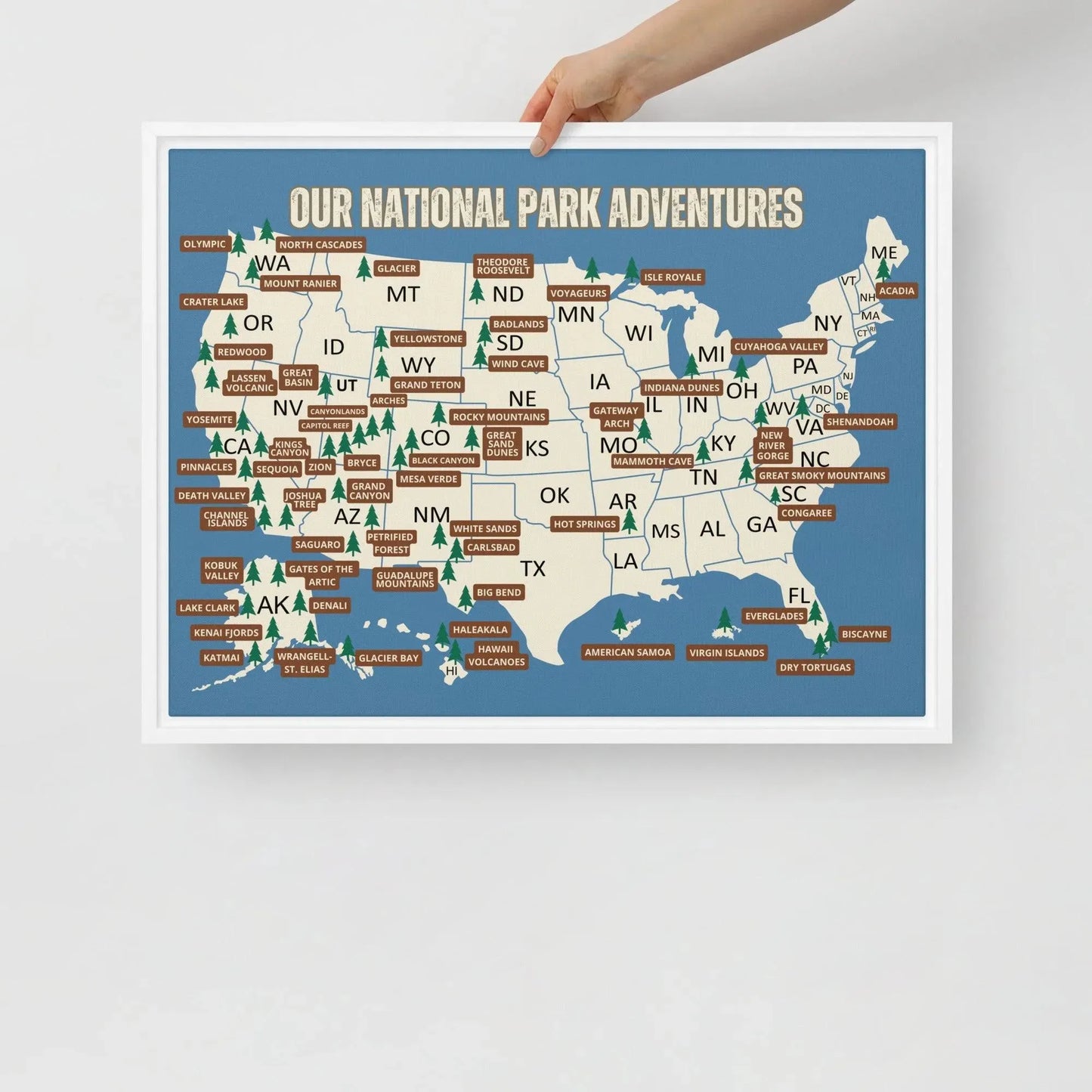 National Parks Travel Map Framed Canvas (Blue) - Adventure Threads Company