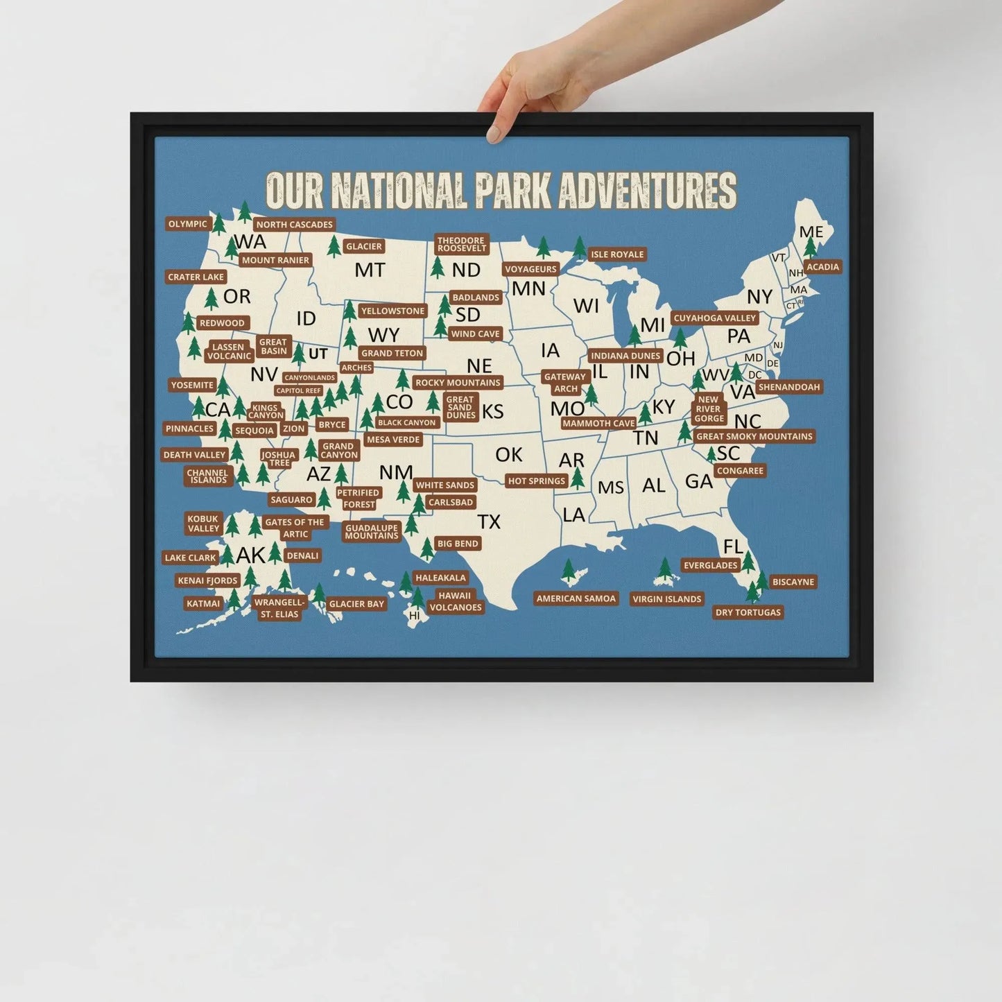 National Parks Travel Map Framed Canvas (Blue) - Adventure Threads Company