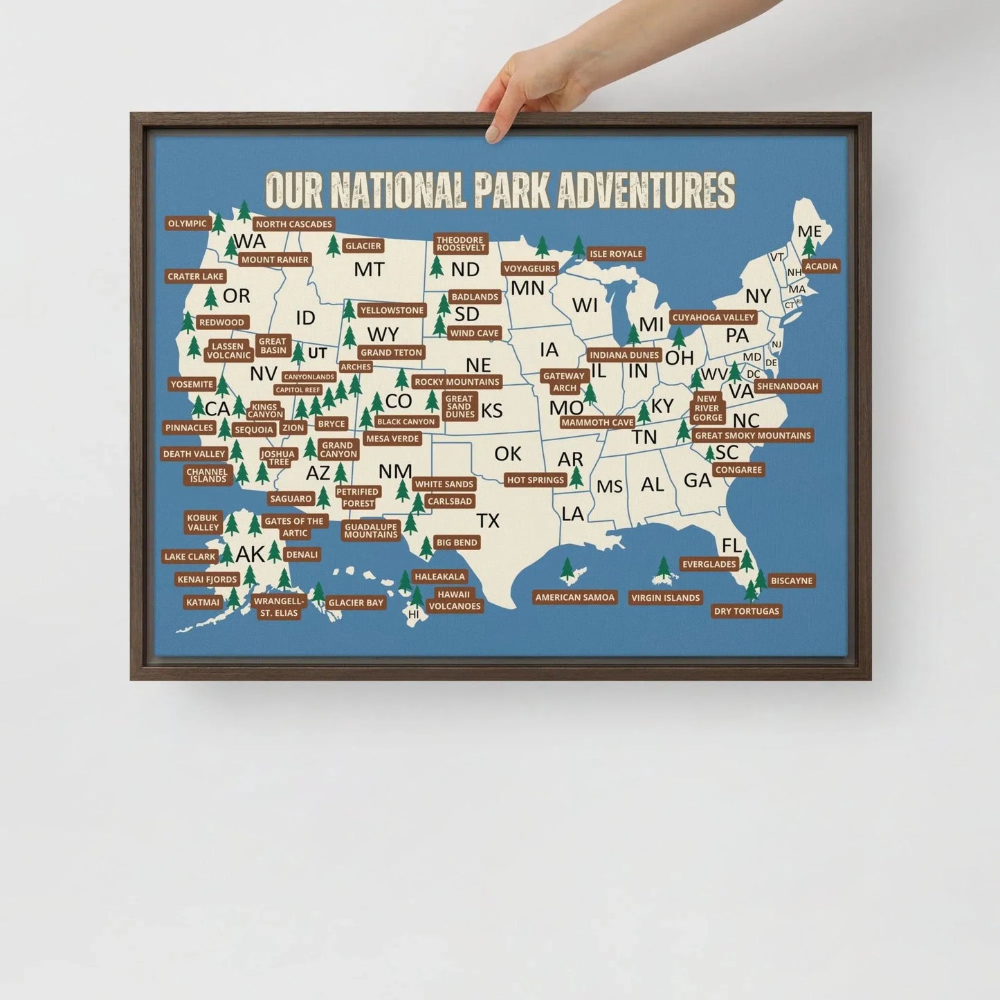 National Parks Travel Map Framed Canvas (Blue) - Adventure Threads Company