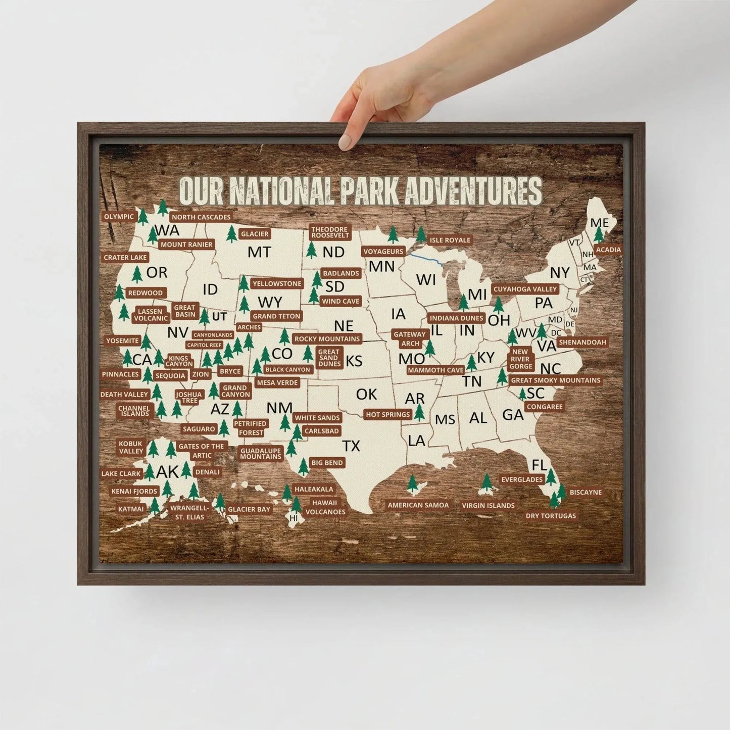 National Parks Travel Map Framed Canvas - Adventure Threads Company